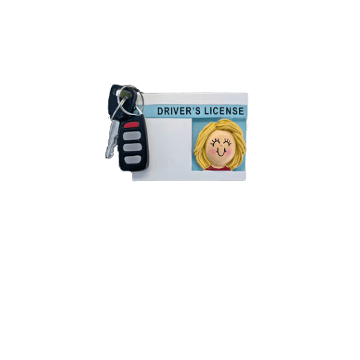 Personalized blonde female driver’s license ornament with attached car key fob for Christmas tree decoration under $50
