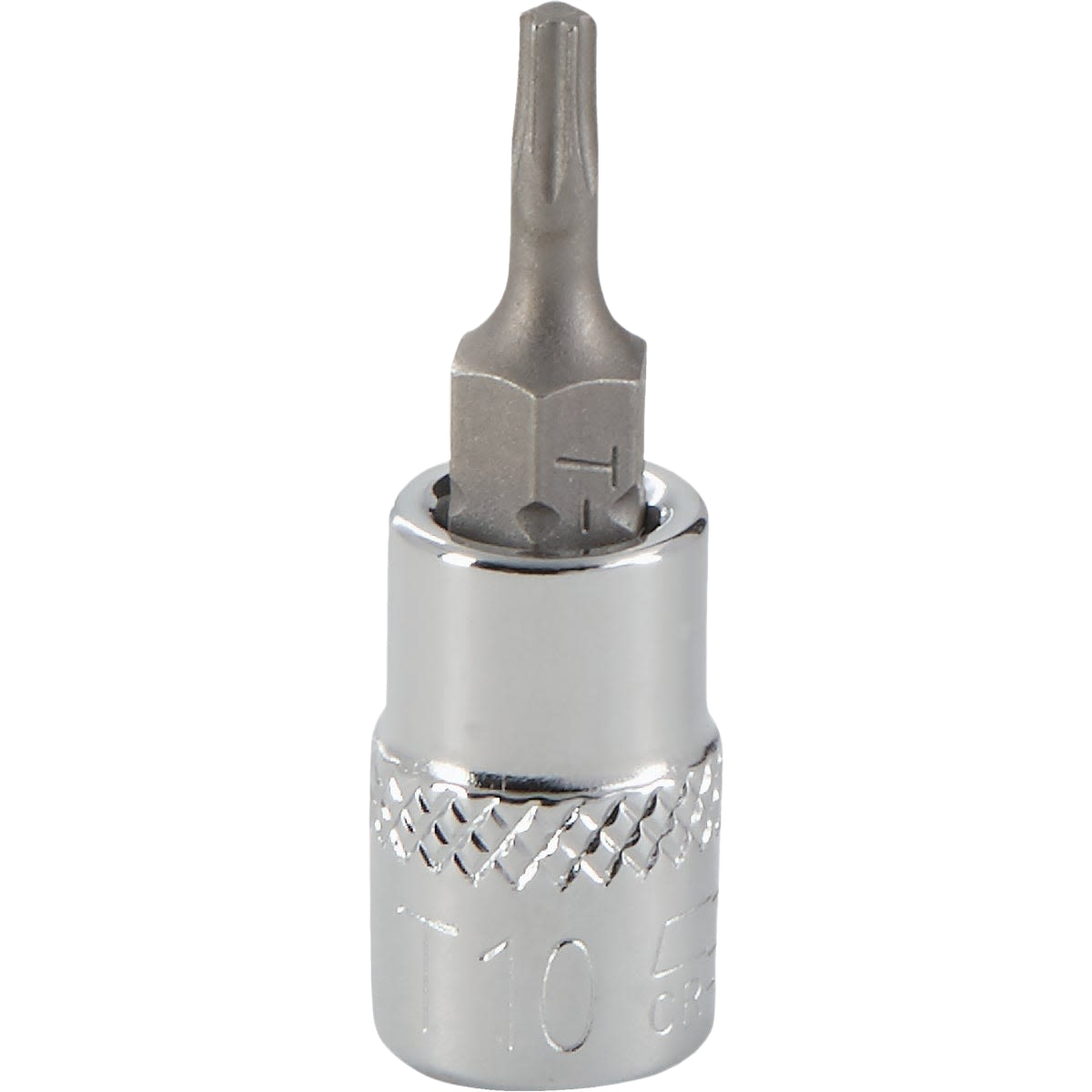 Chrome-finished T10 6-point Torx bit socket with knurled grip for precise fastening in tools and home improvement tasks