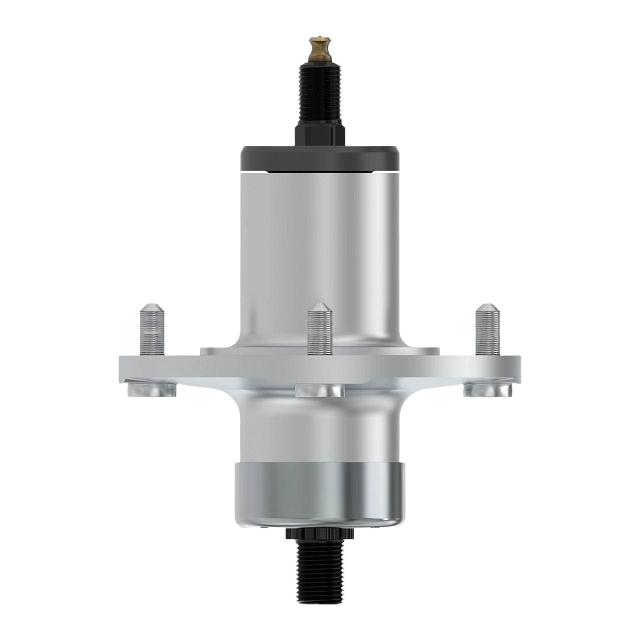 Metal mower blade spindle assembly with mounting bolts and threaded shaft for tools and home improvement use