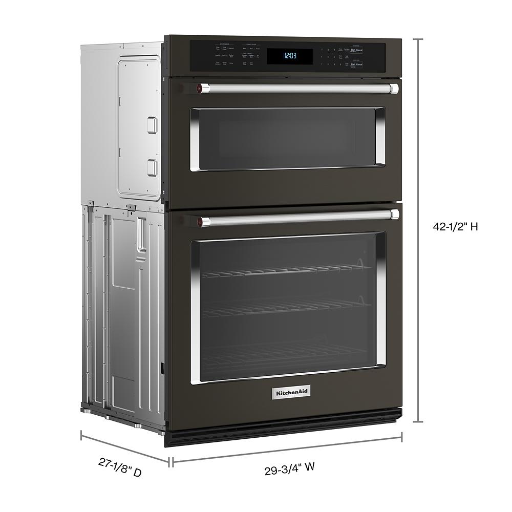 Black KitchenAid combination microwave and wall oven with digital display and stainless steel handles for kitchen appliances