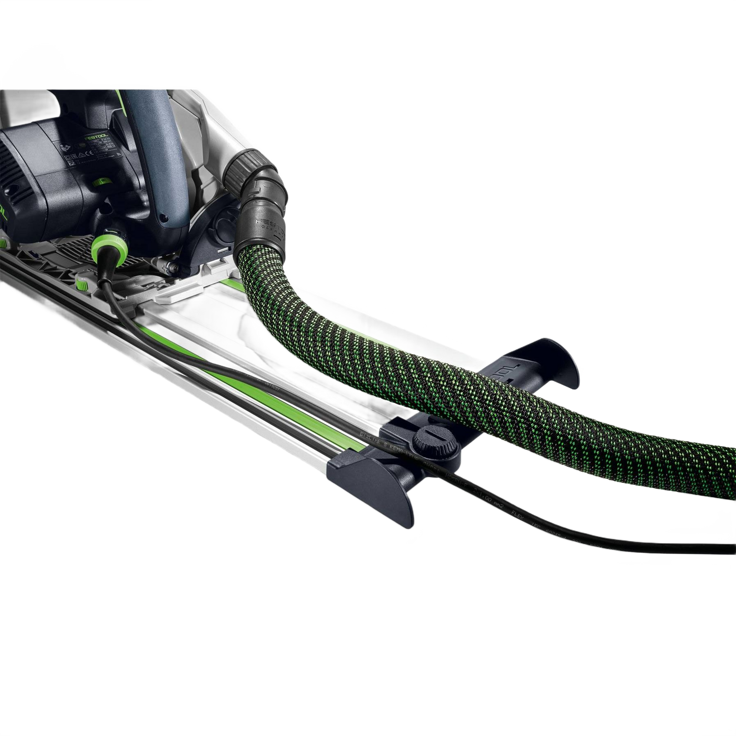 Festool guide rail with attached deflector and dust extraction hose for smooth woodworking tool operation