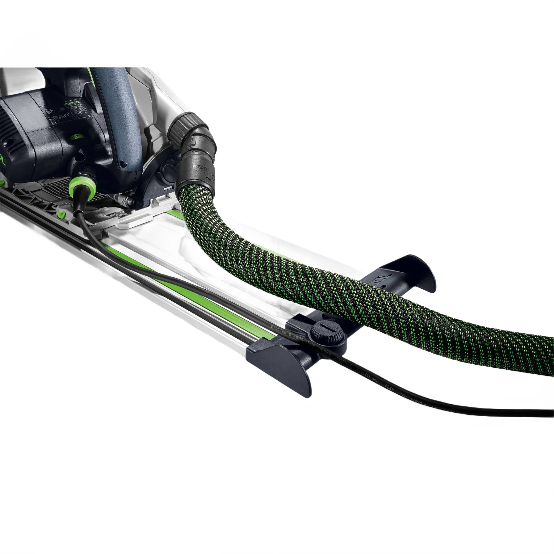 Festool guide rail with attached deflector and dust extraction hose for smooth woodworking tool operation