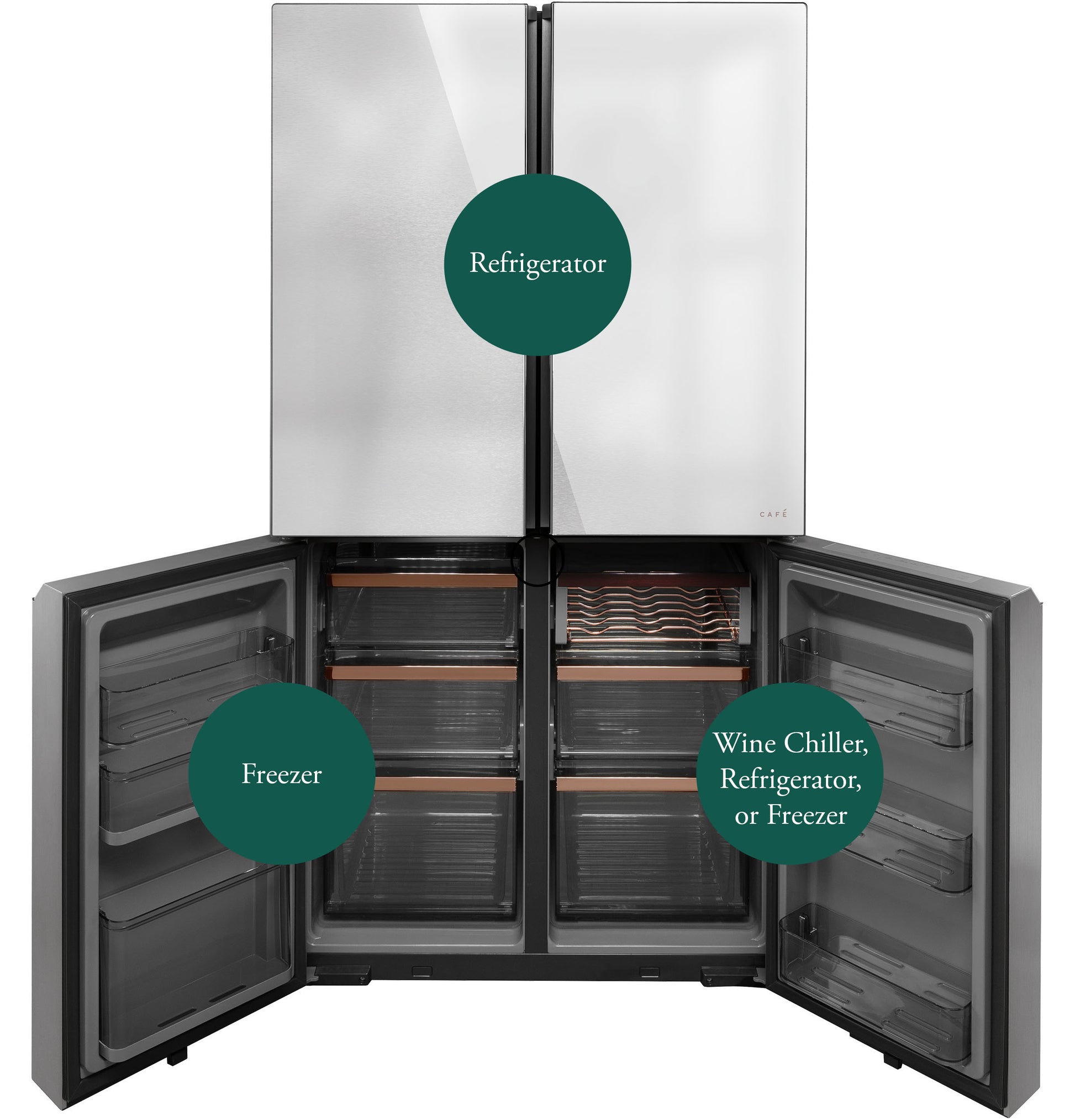 Smart quad-door refrigerator in platinum glass with spacious freezer and versatile wine chiller compartments in appliances collection