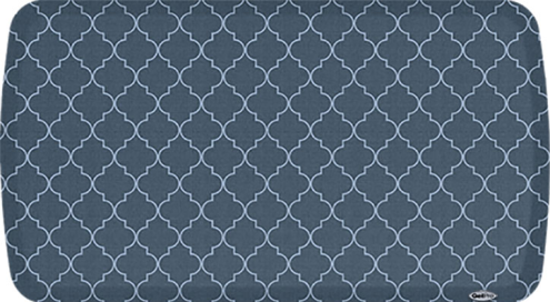 Blue cushioned comfort mat with white trellis pattern designed for flooring and home improvement use