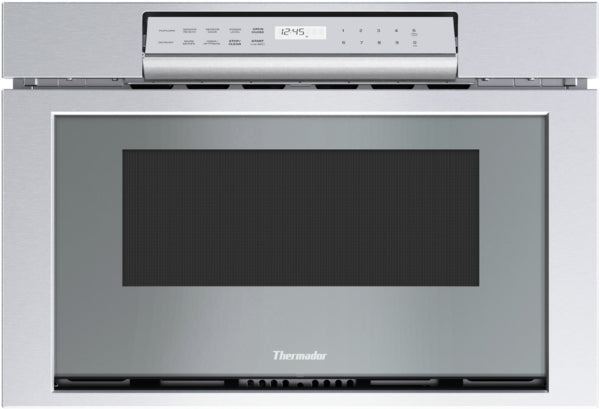 Professional stainless steel microwave drawer with digital control panel for modern kitchens in Thermador appliance collections