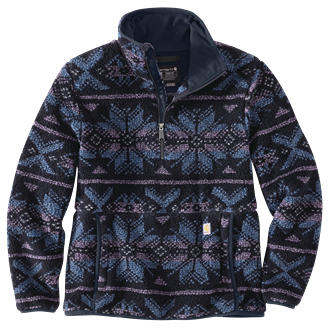 Women's navy fairisle patterned fleece pullover with loose fit for casual outerwear under $100 collection