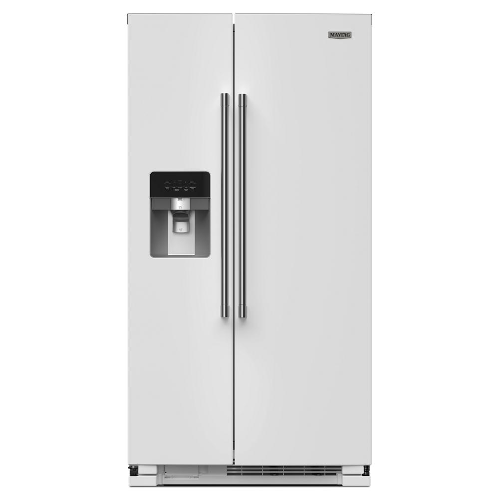White side-by-side refrigerator with water dispenser and stainless steel handles in kitchen appliances collection