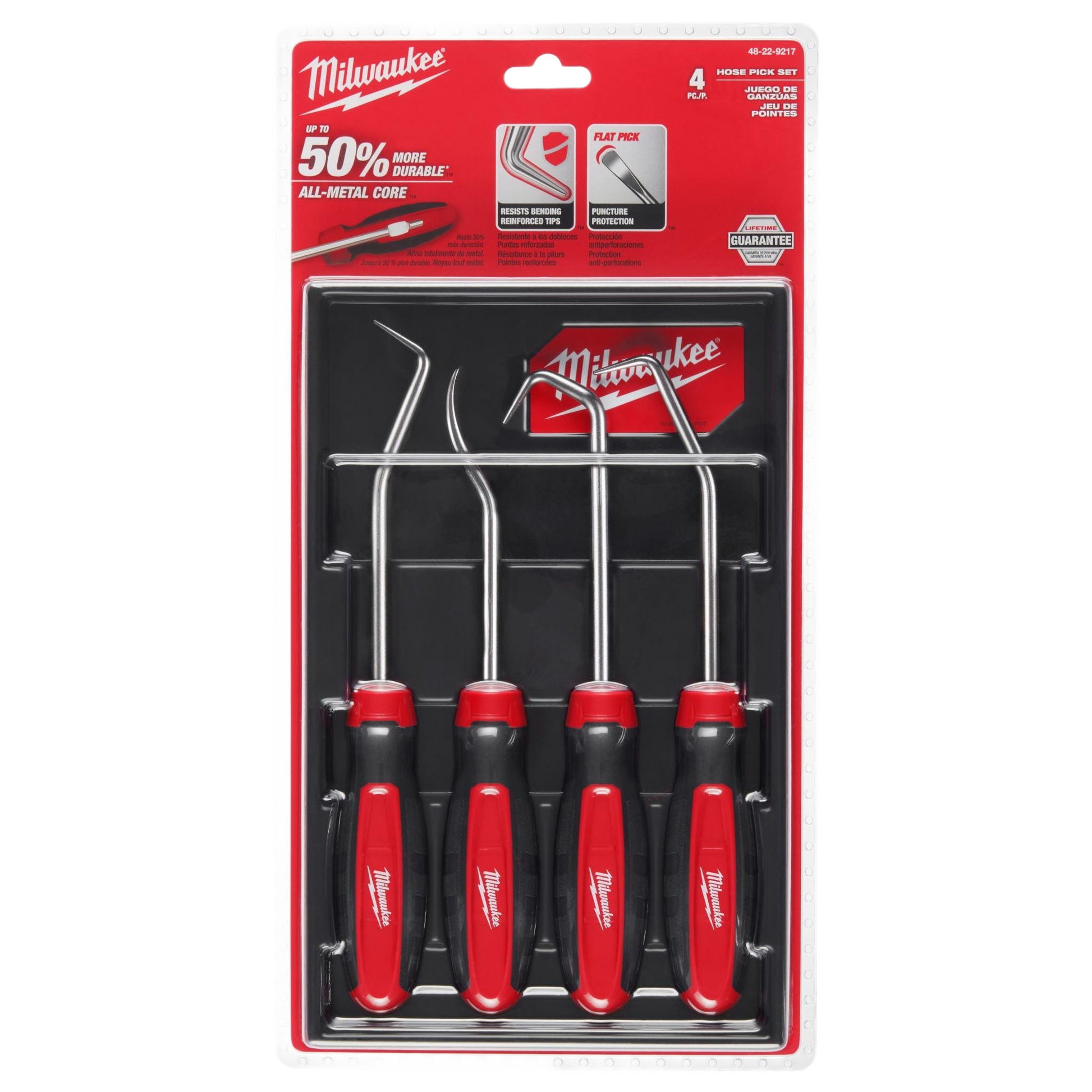 Four-piece set of red and black handled Milwaukee hose picks with metal shafts for tools and home improvement tasks