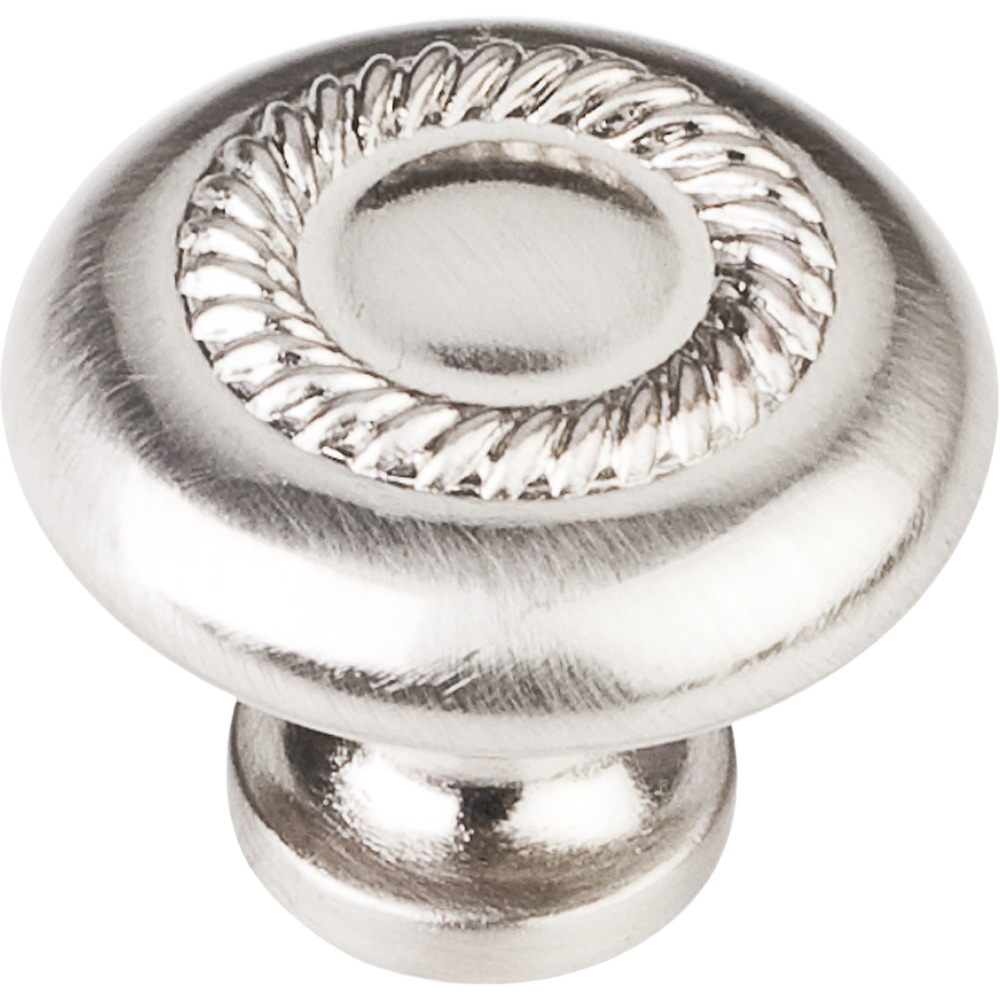 Round satin nickel cabinet knob with decorative rope detail, suitable for furniture hardware and home improvement projects under $25