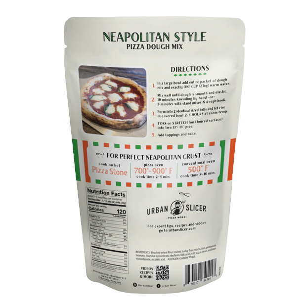 Back of Urban Slicer Neapolitan style pizza dough mix package with preparation instructions and cooking temperatures in Food & Beverage collections