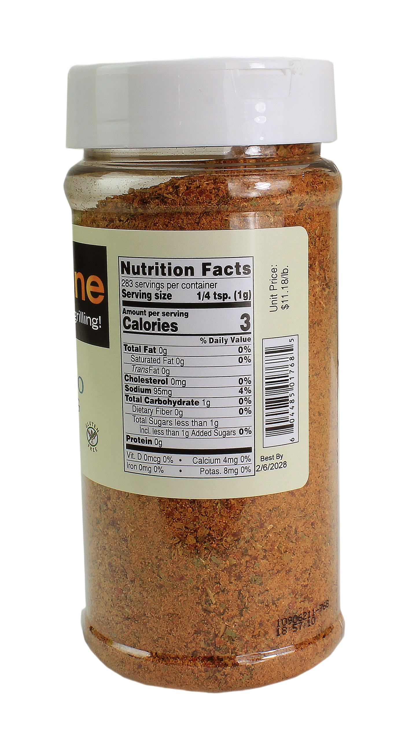 Clear plastic jar of zesty Baja fish taco seasoning with nutrition facts label for grilling and outdoor living collections