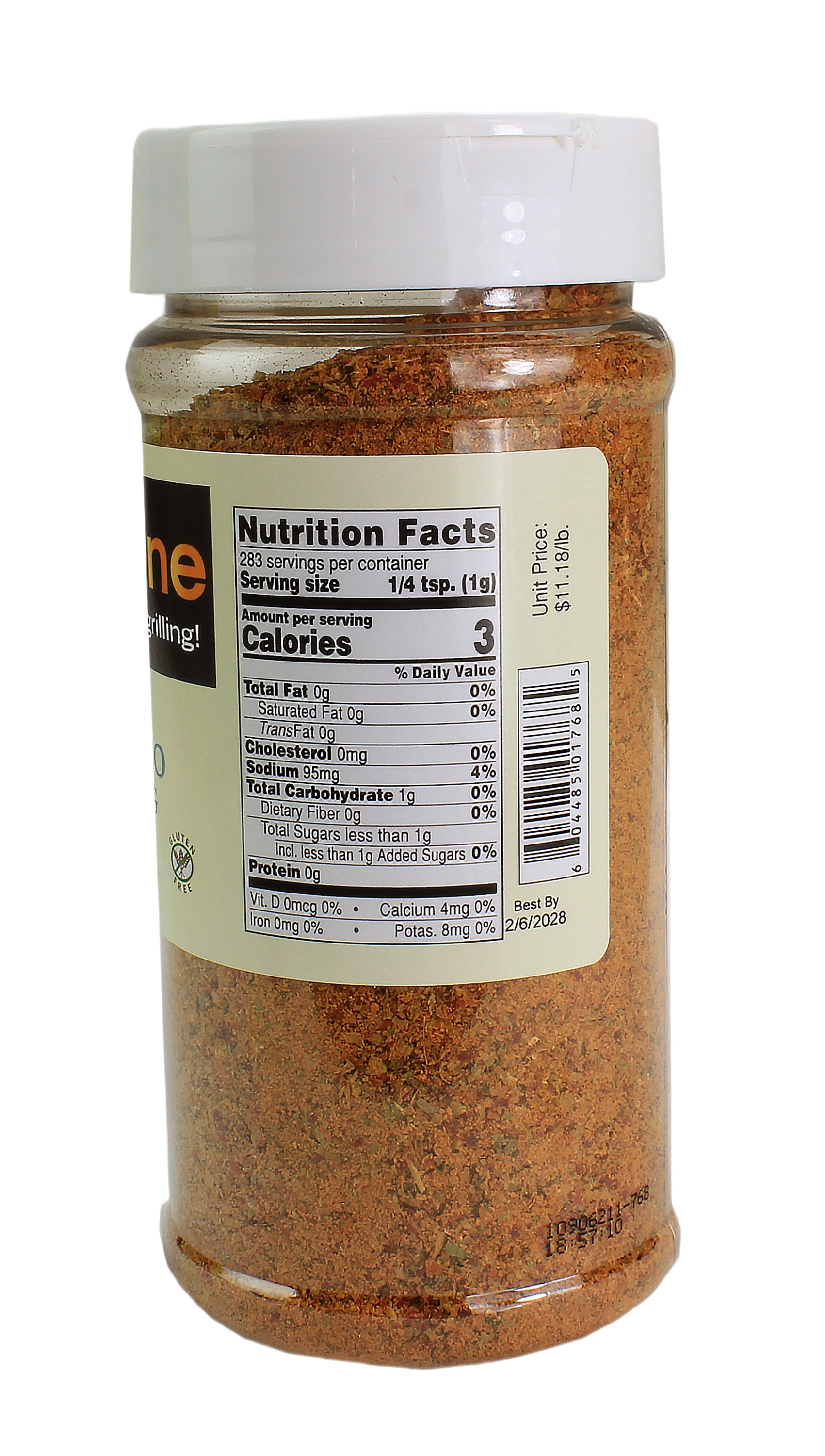 Clear plastic jar of zesty Baja fish taco seasoning with nutrition facts label for grilling and outdoor living collections