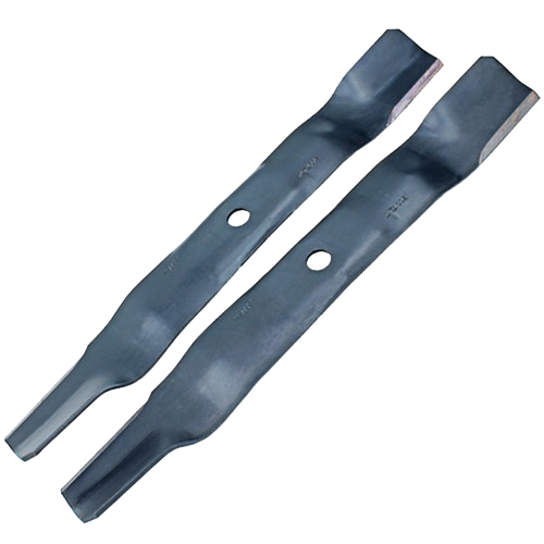 Pair of black steel high-lift mower blades with central mounting holes for lawn care and home improvement tasks
