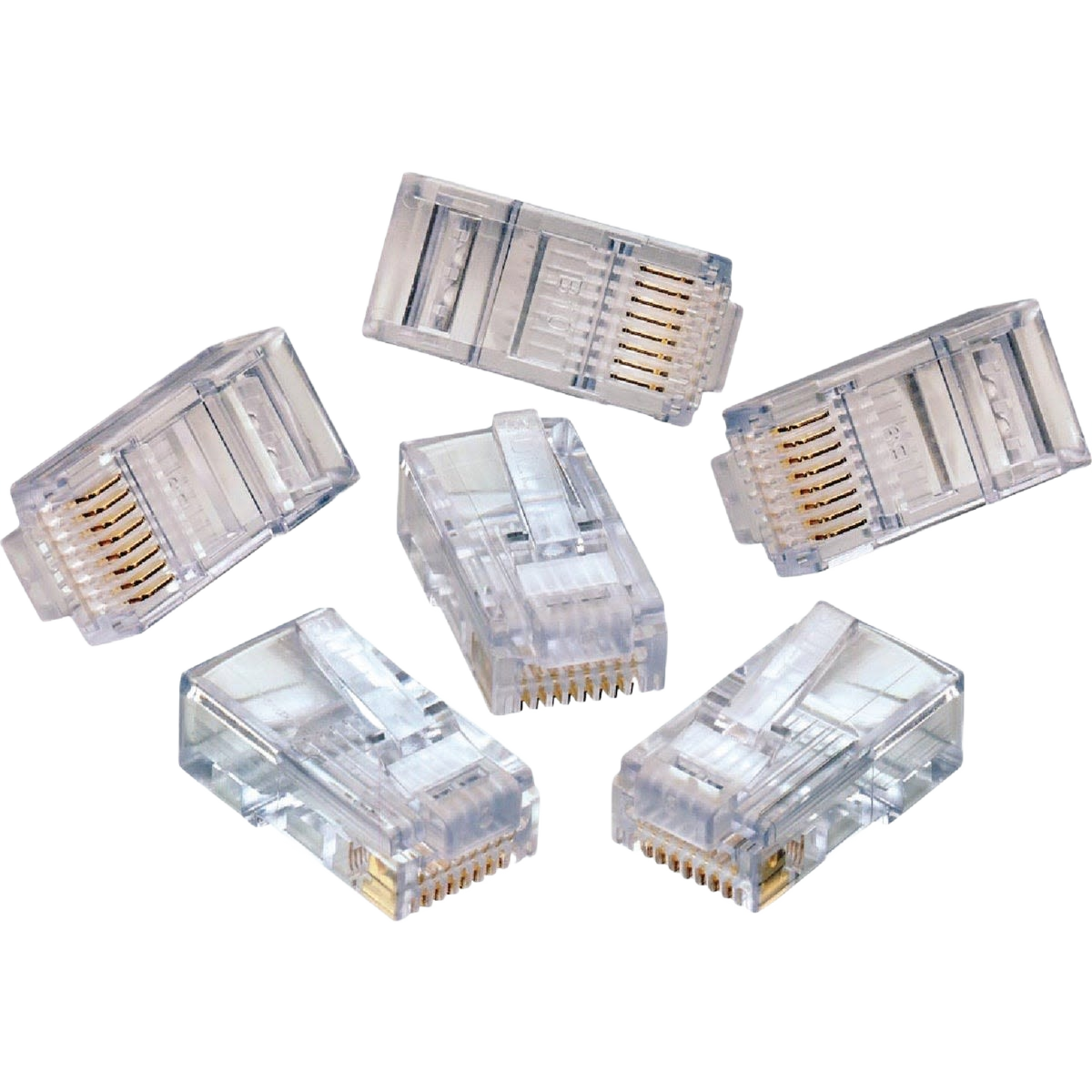 Clear plastic Cat-5E RJ45 modular connector jacks with gold-plated contacts for networking and home improvement use