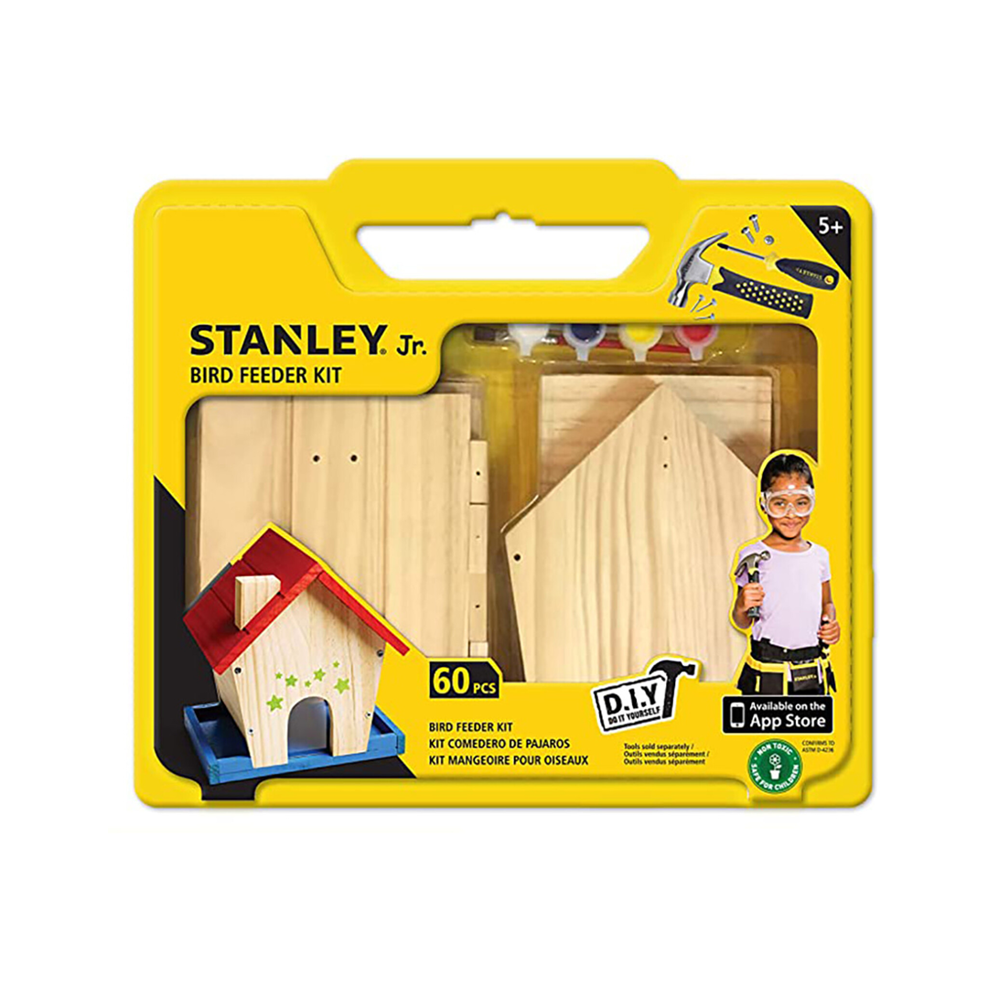 Children’s wooden bird feeder kit with DIY tools and colorful paint for beginner home improvement projects