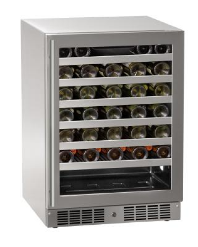 Stainless steel 24 inch wine refrigerator with glass door and wooden shelves in kitchen appliances collection