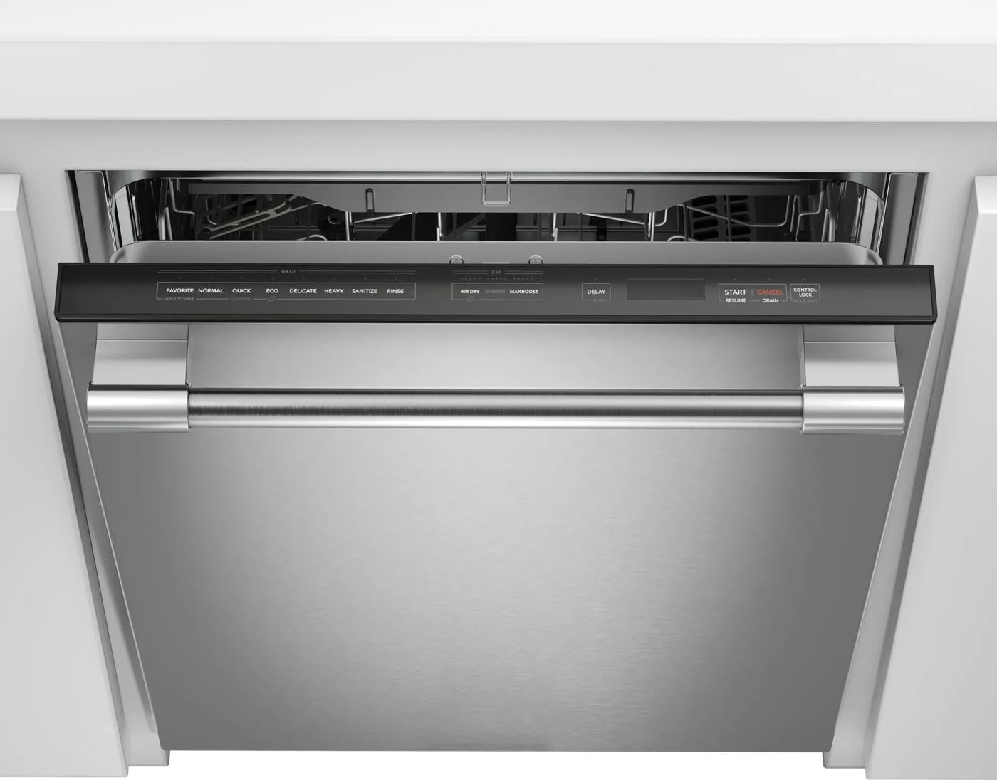 Stainless steel 24-inch built-in dishwasher with control panel featuring cycle options and start button in kitchen setting