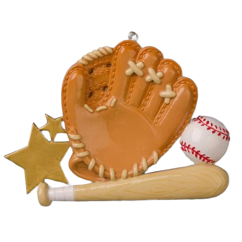 Glossy ceramic baseball glove, bat, and ball ornament with gold star detail for Christmas Ornaments & Tree Decorations collection