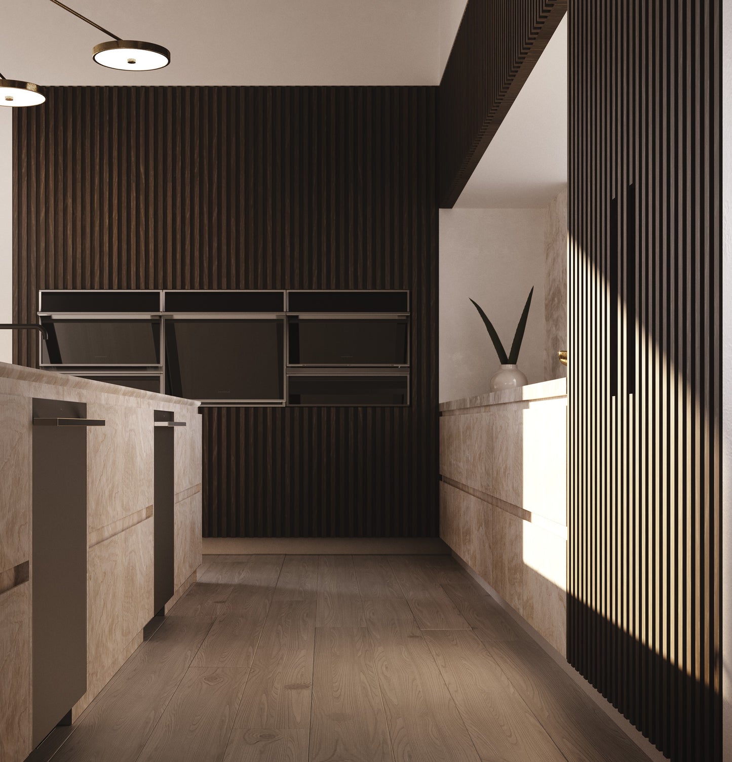 Contemporary kitchen with marble cabinets, wood slat accent walls, and minimalist single wall ovens in appliances collection