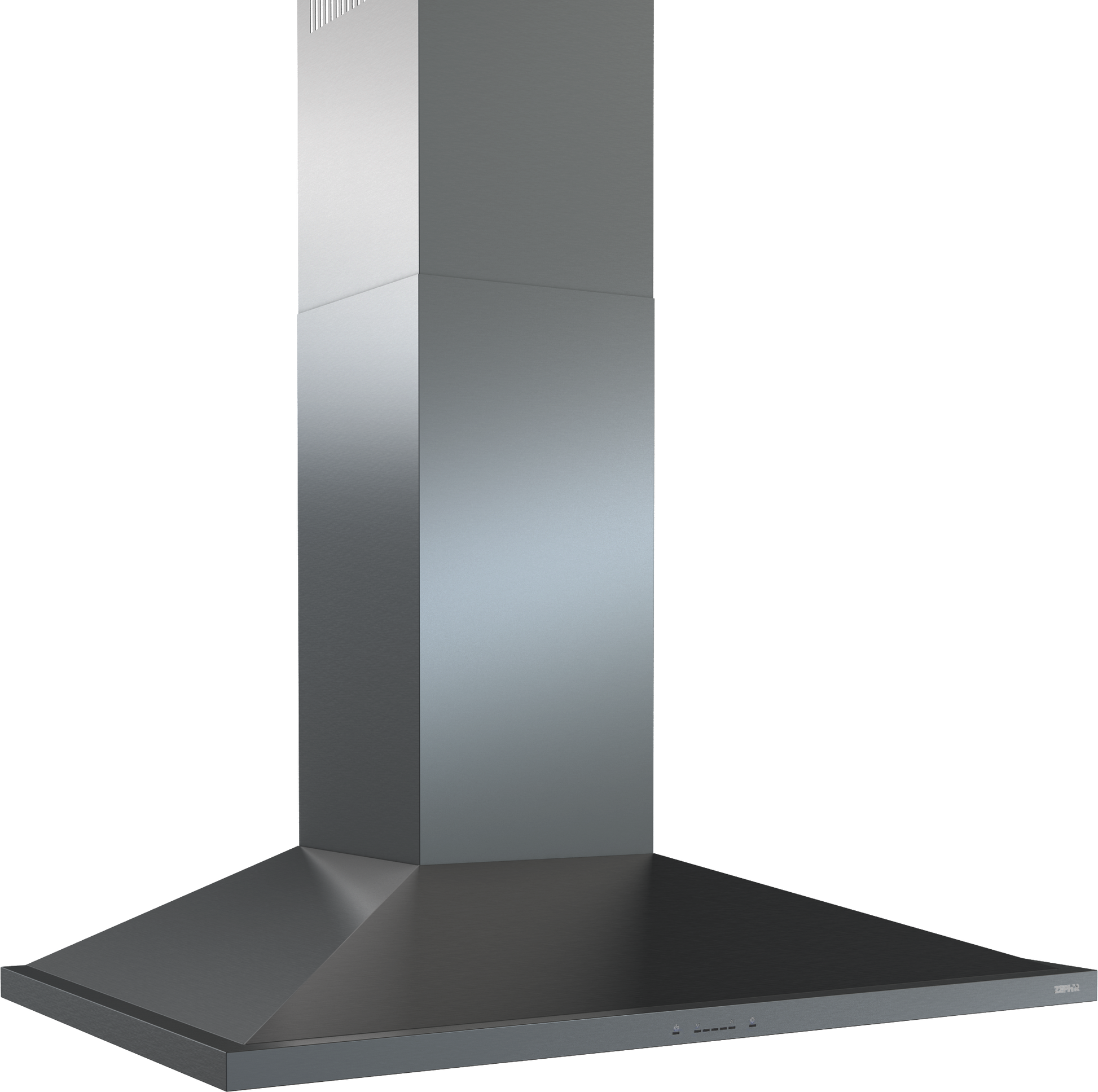 black stainless steel chimney-style range hood with sleek low-profile design for kitchen and home improvement tools