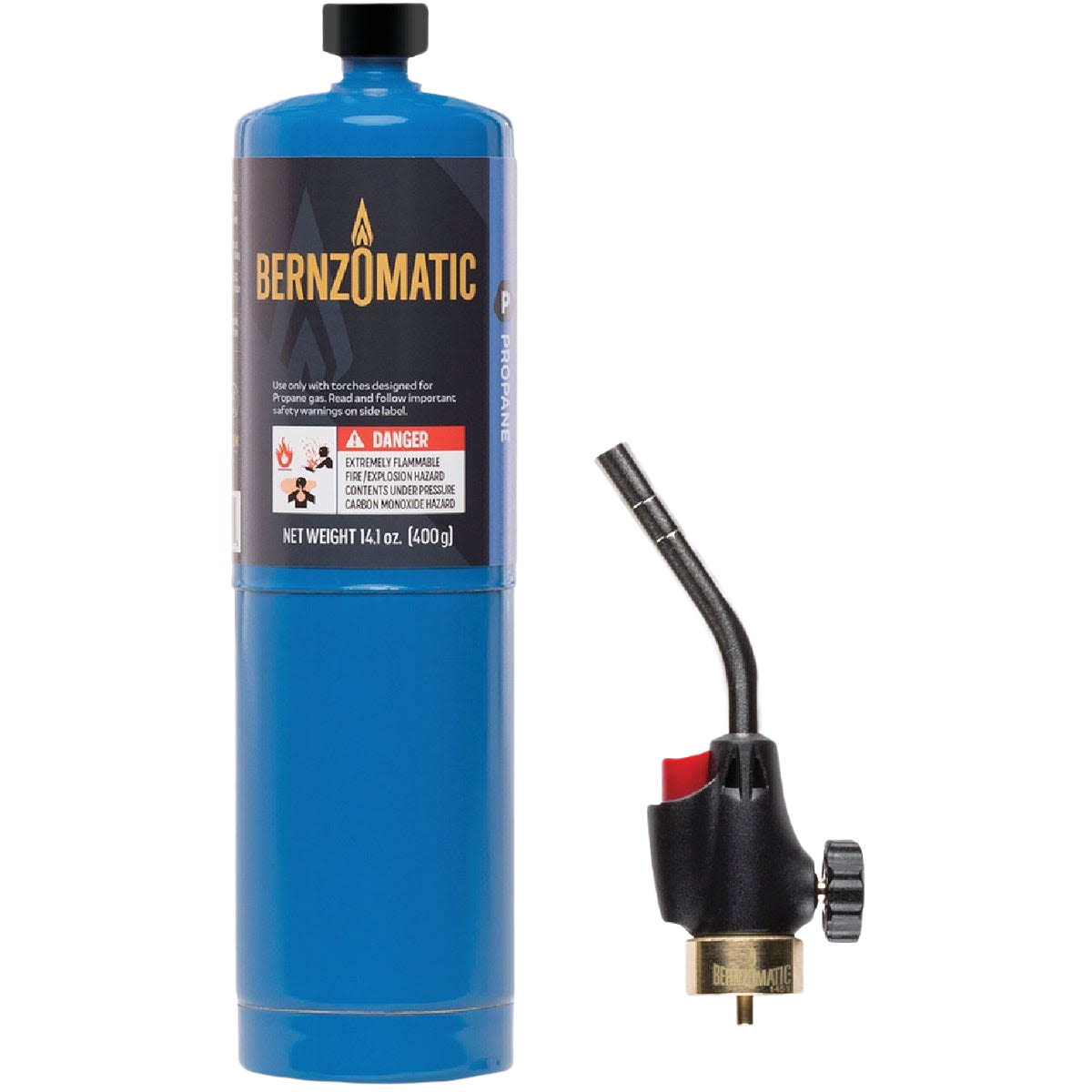 Blue propane torch cylinder with black and brass burner attachment for tools and home improvement use