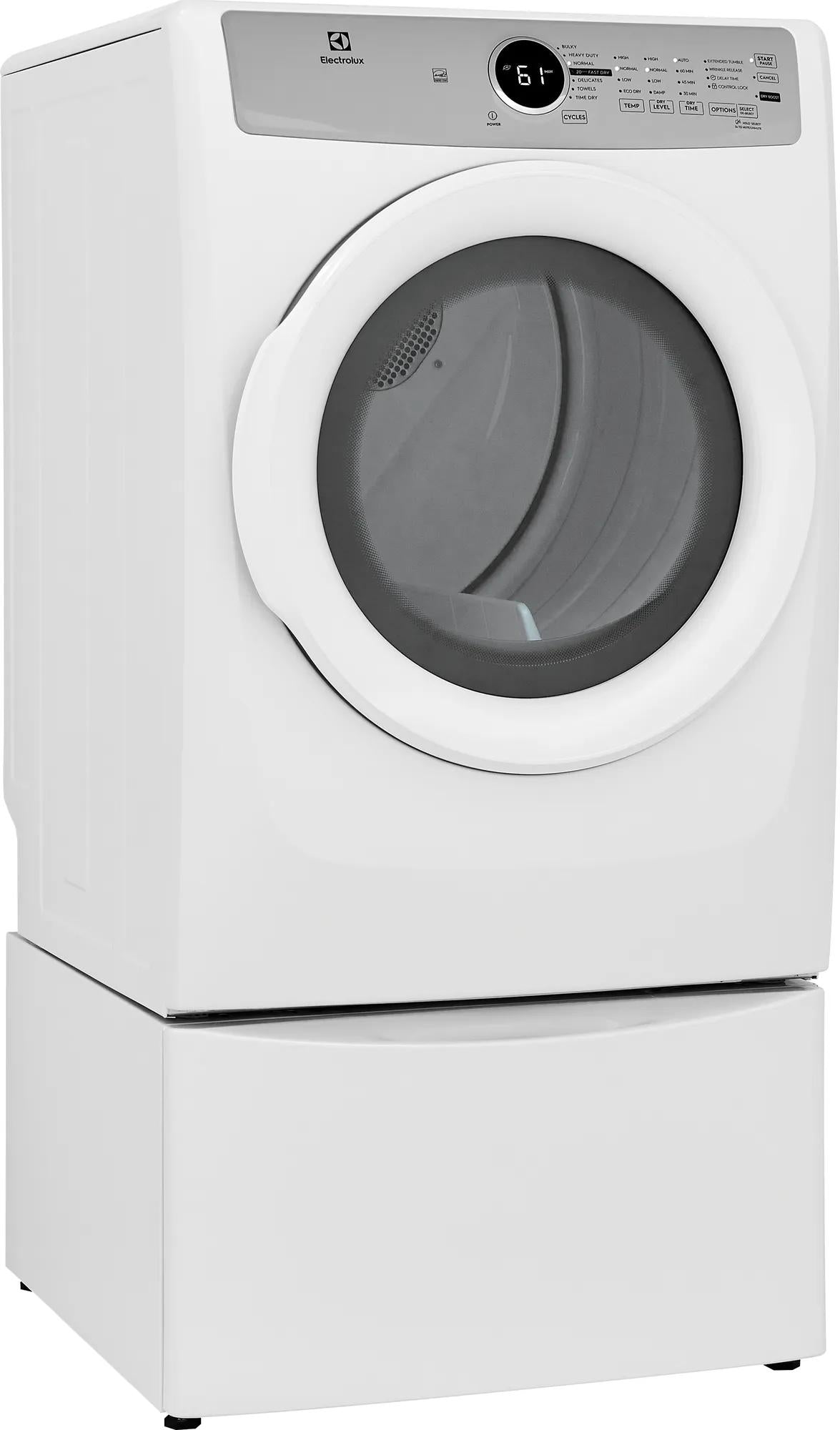 White front load electric dryer with digital display and cycle settings in appliances and dryers collection