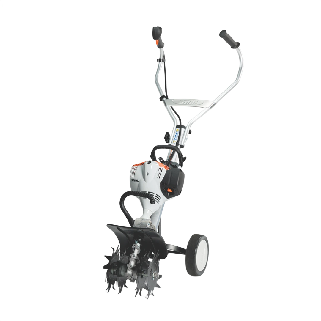 Gas-powered garden tiller with ergonomic handles and wheel kit for soil cultivation and home improvement tasks