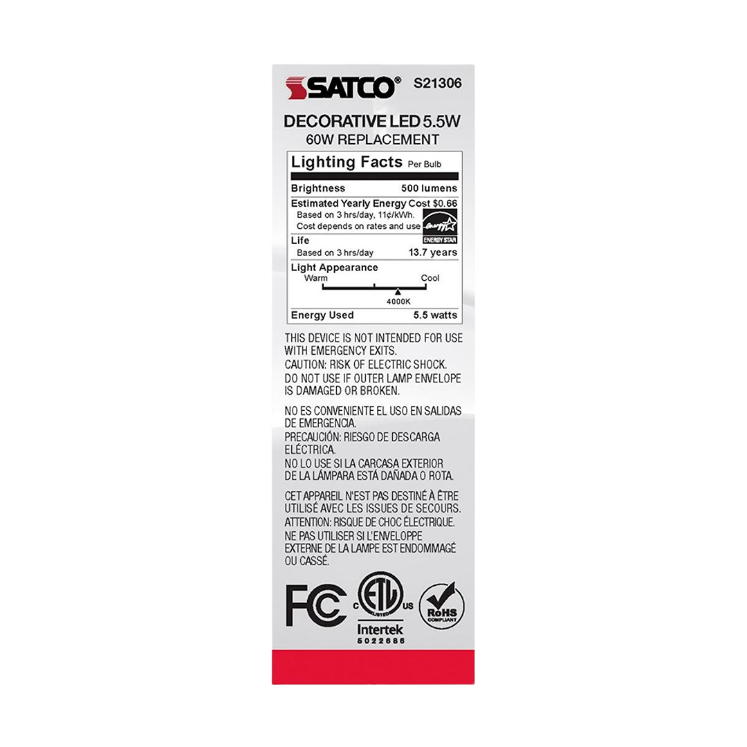 Packaging label for Satco 5.5 watt LED bulb showing energy usage, brightness, and safety certifications for home improvement needs.