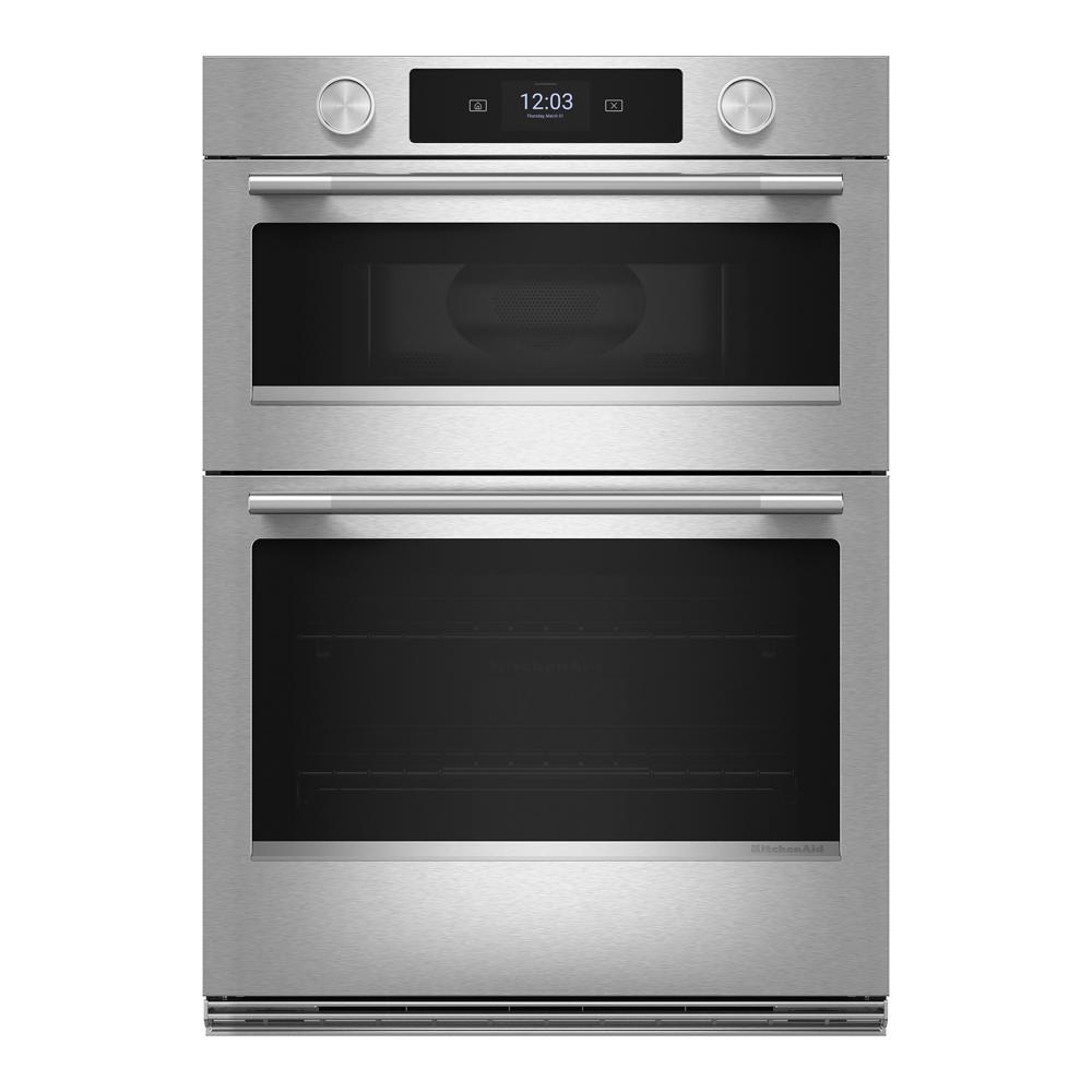 Stainless steel 30-inch smart electric combo wall oven with LED touchscreen and dual compartments, part of KitchenAid Wall Ovens and Appliances collections.