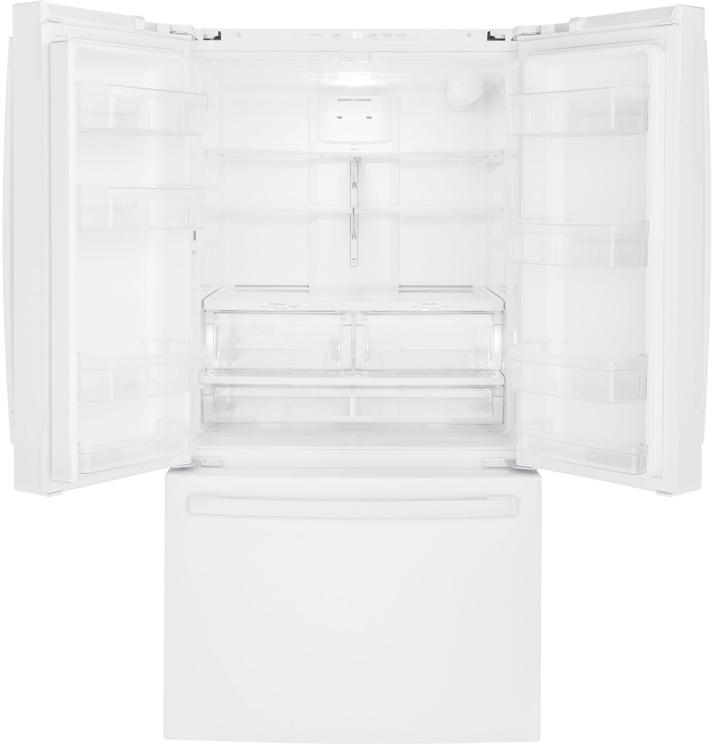 White French-door refrigerator with spacious interior, adjustable shelves, and bottom freezer drawer in Refrigerators collection