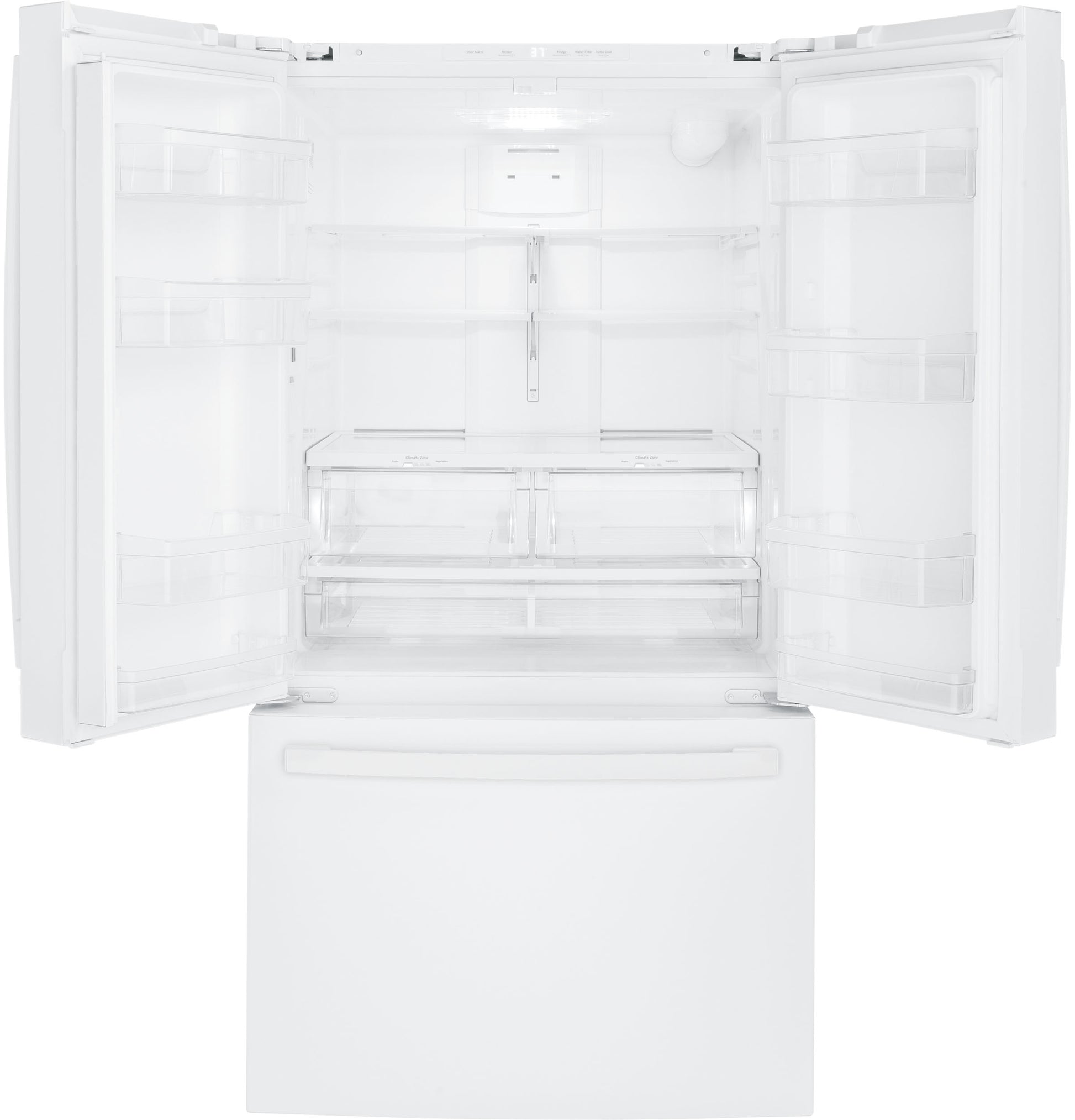 White French-door refrigerator with spacious interior, adjustable shelves, and bottom freezer drawer in Refrigerators collection