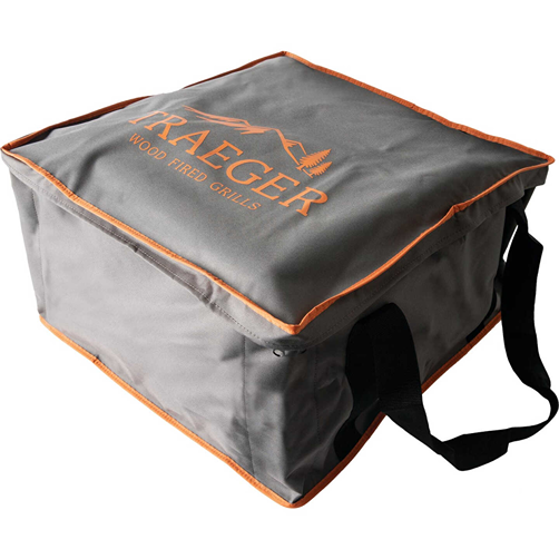 Durable gray fabric carrying bag with orange trim and handles designed for portable grill storage and transport
