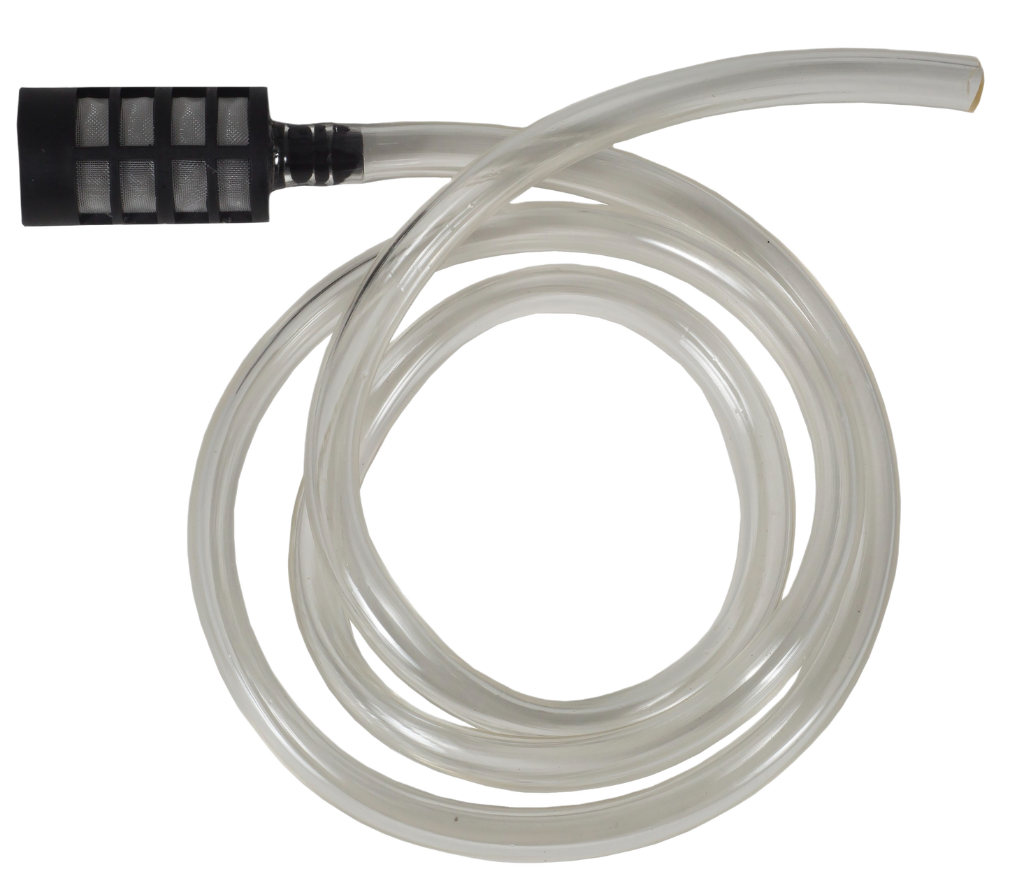 Clear flexible hose attached to a black plastic strainer for filtering chemicals in power tool accessories.