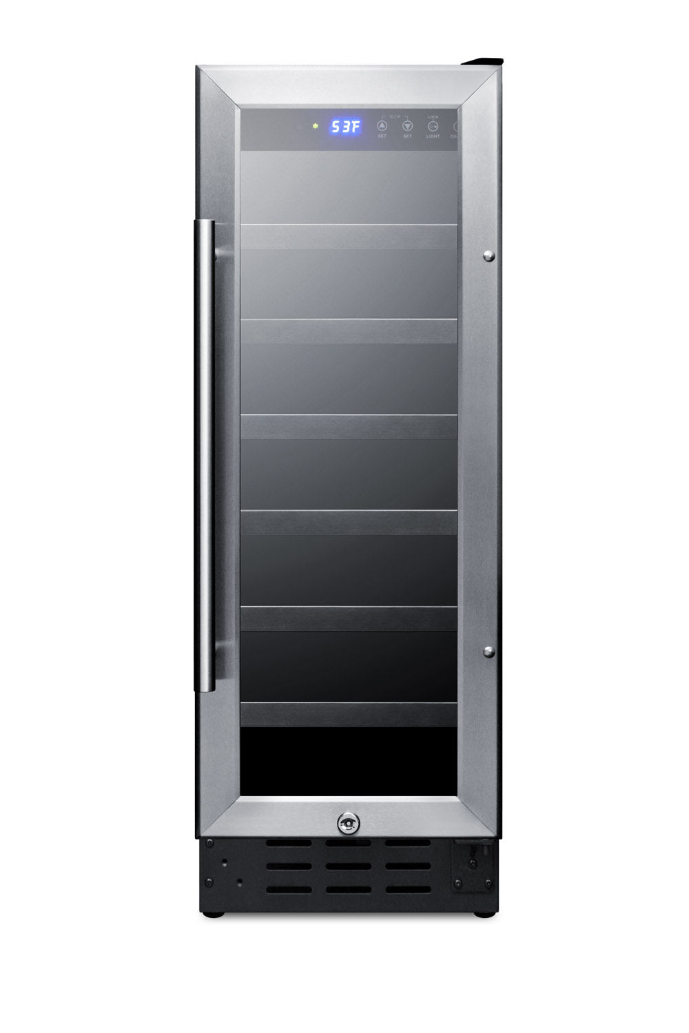 Slim built-in wine cellar with stainless steel frame, glass door, digital display, and multiple adjustable shelves for kitchen collections