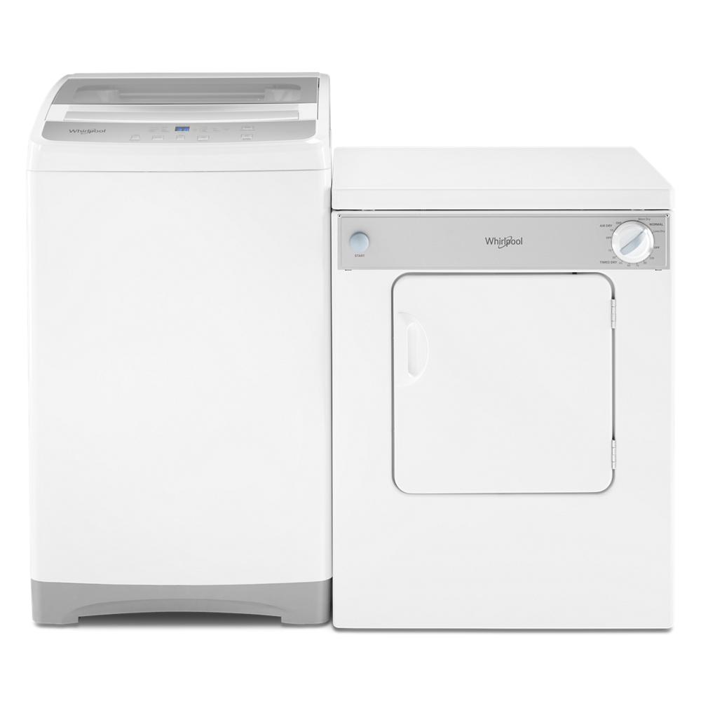 White compact front load dryer and top load washer set side by side for small space laundry and home improvement