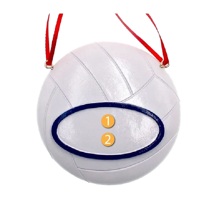 Round white volleyball Christmas ornament with blue oval and red hanging ribbons for tree decoration under $50 collections