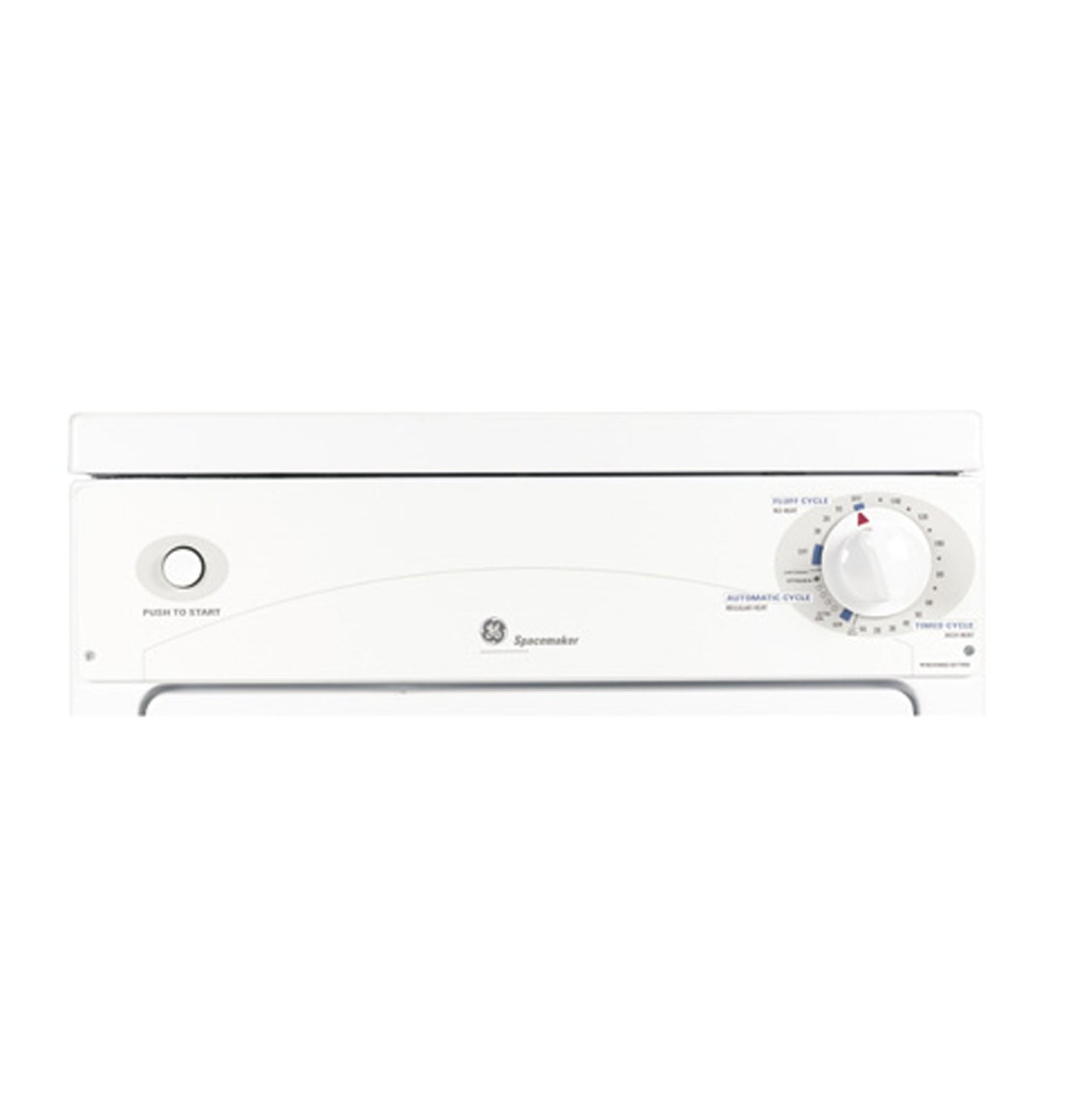 Close-up of white portable electric dryer control panel with dial and start button in appliances collection