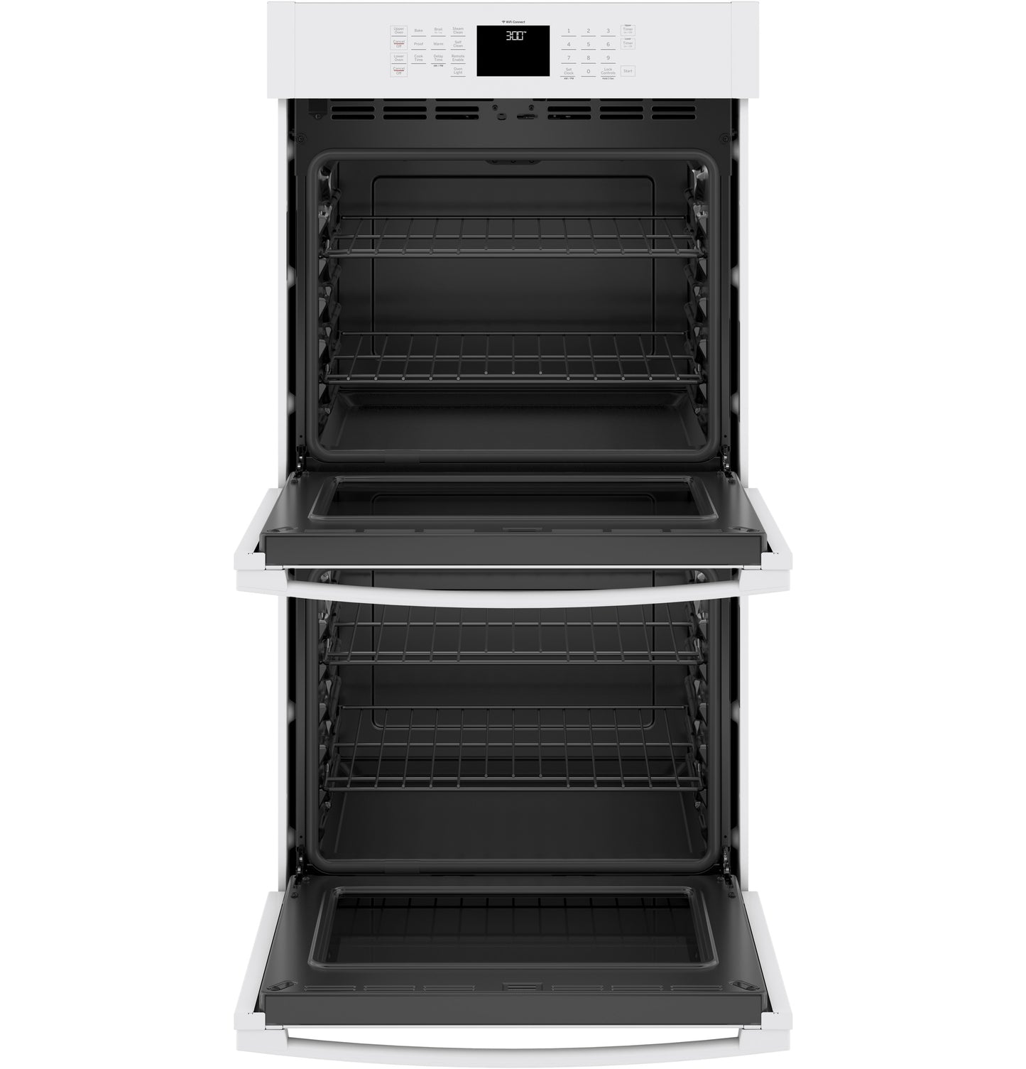 Smart built-in double wall oven in white with digital display and two open oven cavities from Double Wall Ovens collection