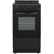 Black 20-inch gas range with oven window, multiple control knobs, and racks for kitchen appliances and home use.