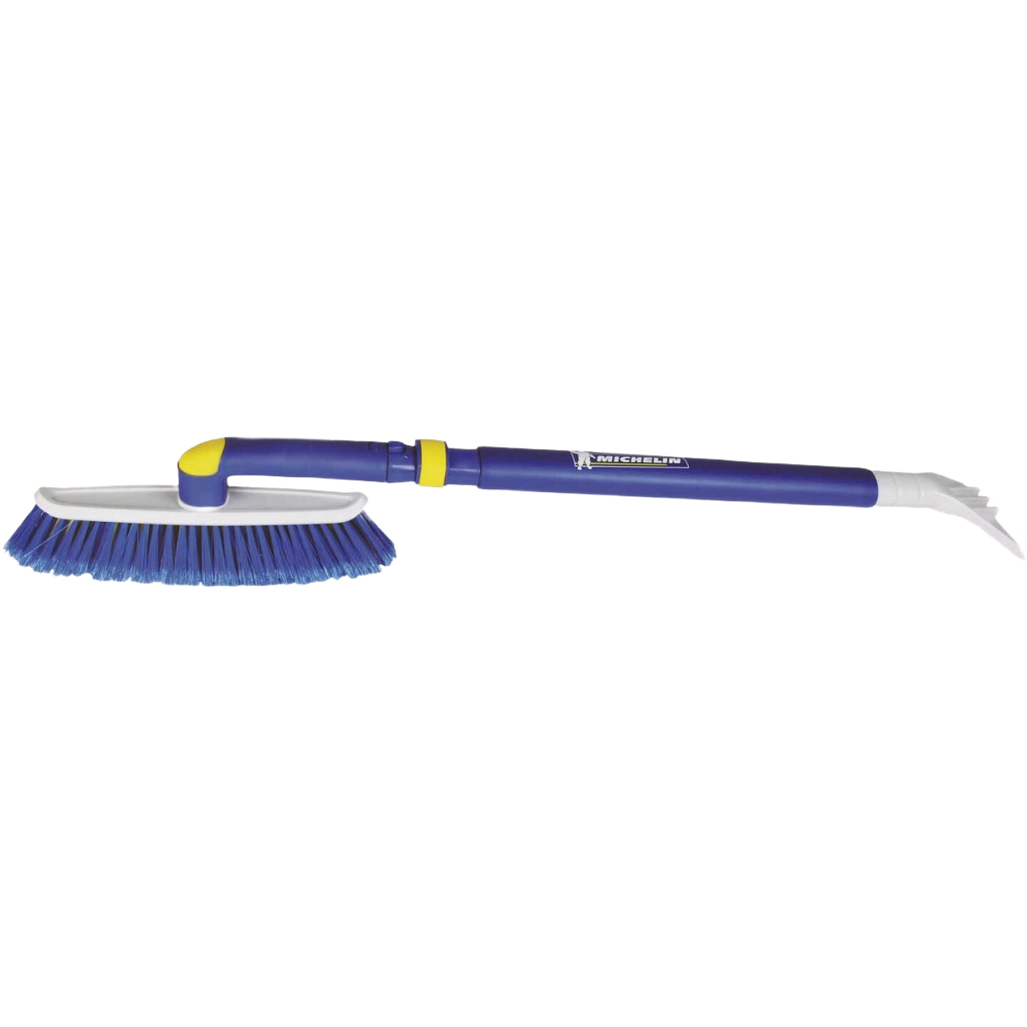Blue and white hybrid telescopic snowbrush with yellow accents and integrated ice scraper for vehicle snow removal