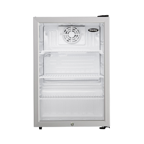 Compact commercial glass door refrigerator with metal wire shelves and visible cooling vent inside modern appliance design
