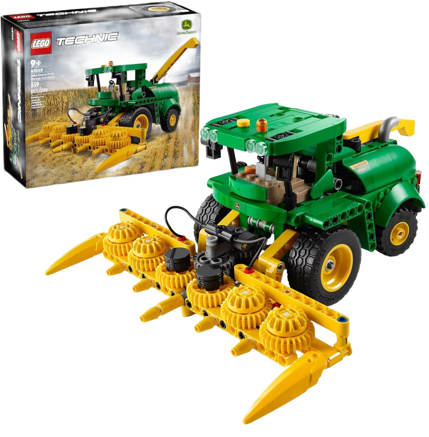 Green and yellow LEGO Technic forage harvester toy with detailed front attachment in Vehicles & Remote Controlled Toys collection