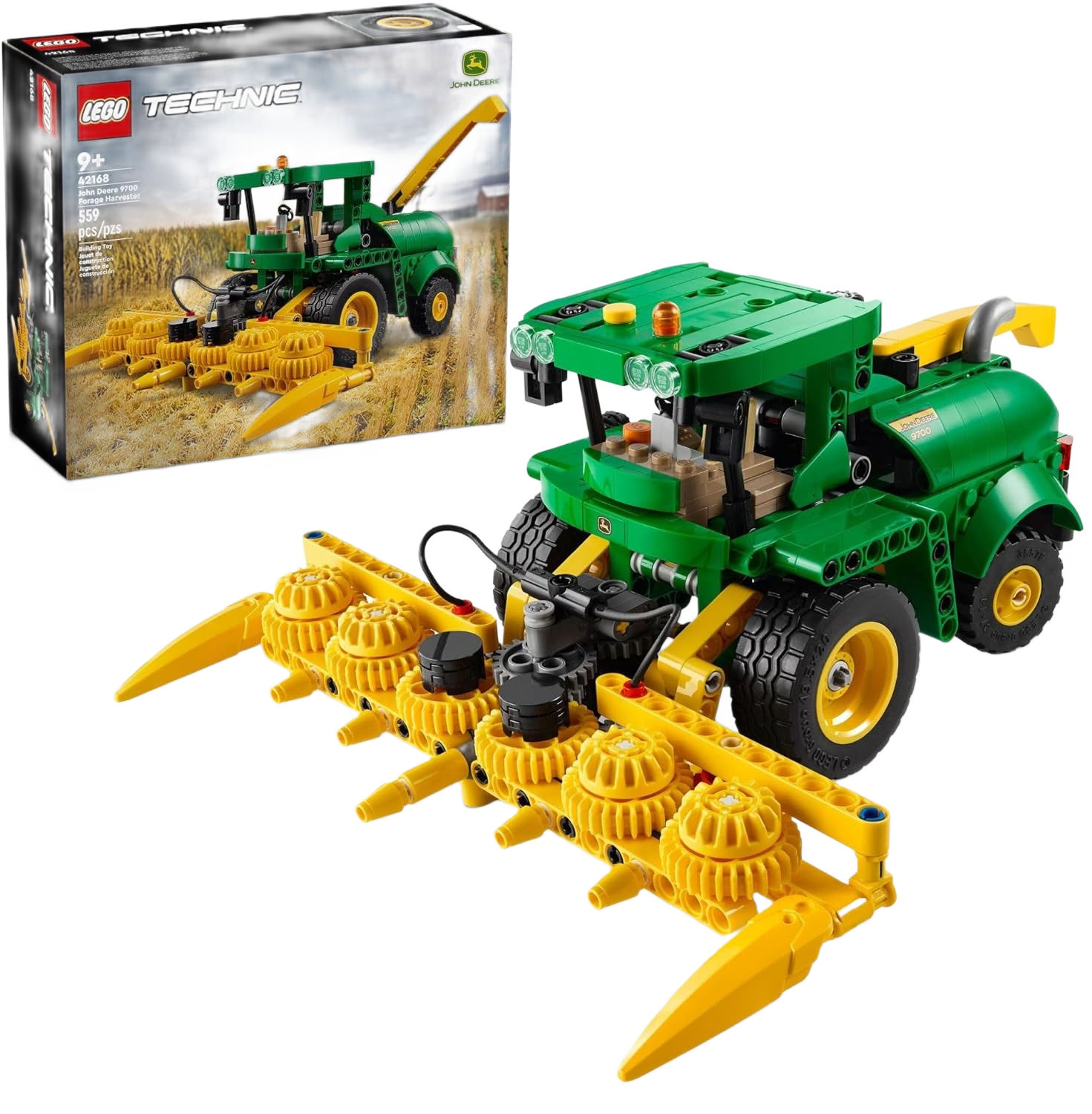 Green and yellow LEGO Technic forage harvester toy with detailed front attachment in Vehicles & Remote Controlled Toys collection