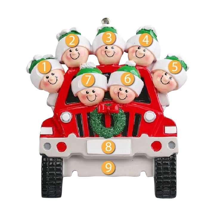 Red SUV ornament with seven smiling family faces wearing white and green hats for Christmas tree decor under $50 collection