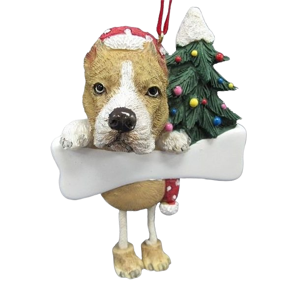 Brown and white Pit Bull dog ornament with dangling legs holding a bone and decorated Christmas tree, holiday decor under $50