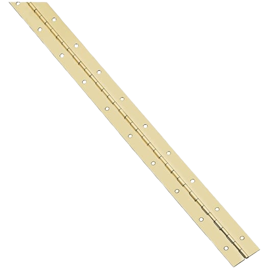 Bright brass steel continuous hinge with multiple screw holes for durable door and cabinet installations in home improvement.
