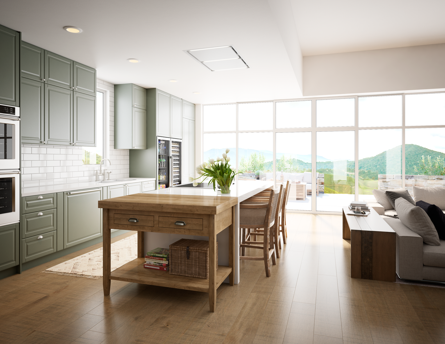 Modern kitchen with sage green cabinetry, a wooden island with storage, and a sleek white ceiling range hood featuring LED lighting, part of Range Hoods and Kitchen & Kitchenware collections.