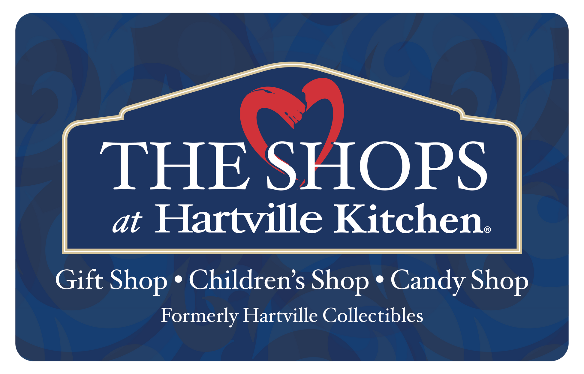 Blue gift card with white and red lettering for The Shops at Hartville Kitchen featuring gift shop, children’s shop, and candy shop, part of Under $50, Under $100, and All Products collections.