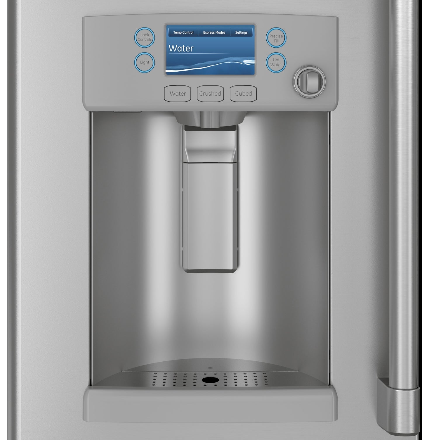 Close-up of stainless steel refrigerator dispenser with digital screen and controls for water and ice options in appliances collection