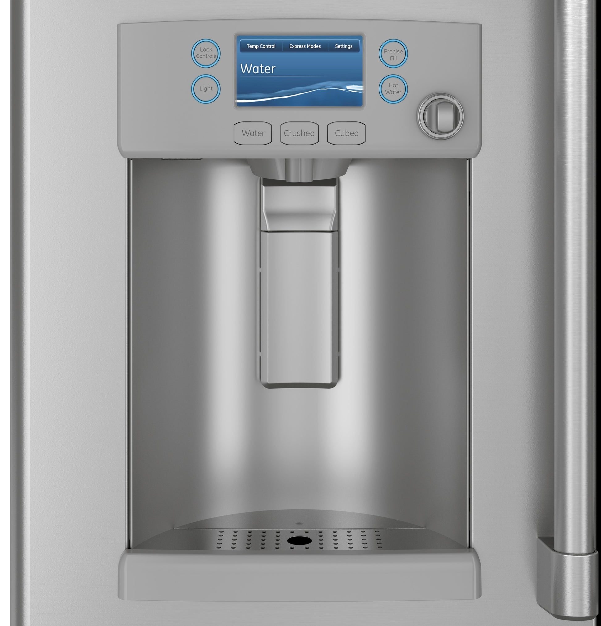 Close-up of stainless steel refrigerator dispenser with digital screen and controls for water and ice options in appliances collection